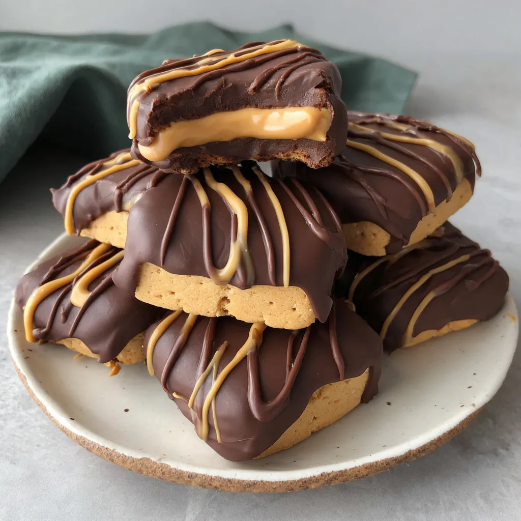 A plate of chocolate covered buckeye graham crackers.