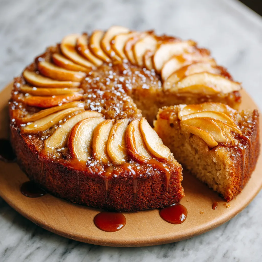 A slice of apple cider cake on a plate.