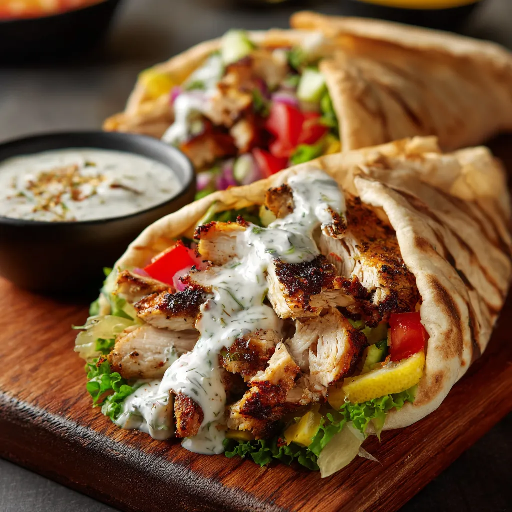 A chicken shawarma with garlic sauce is displayed on a wooden cutting board.