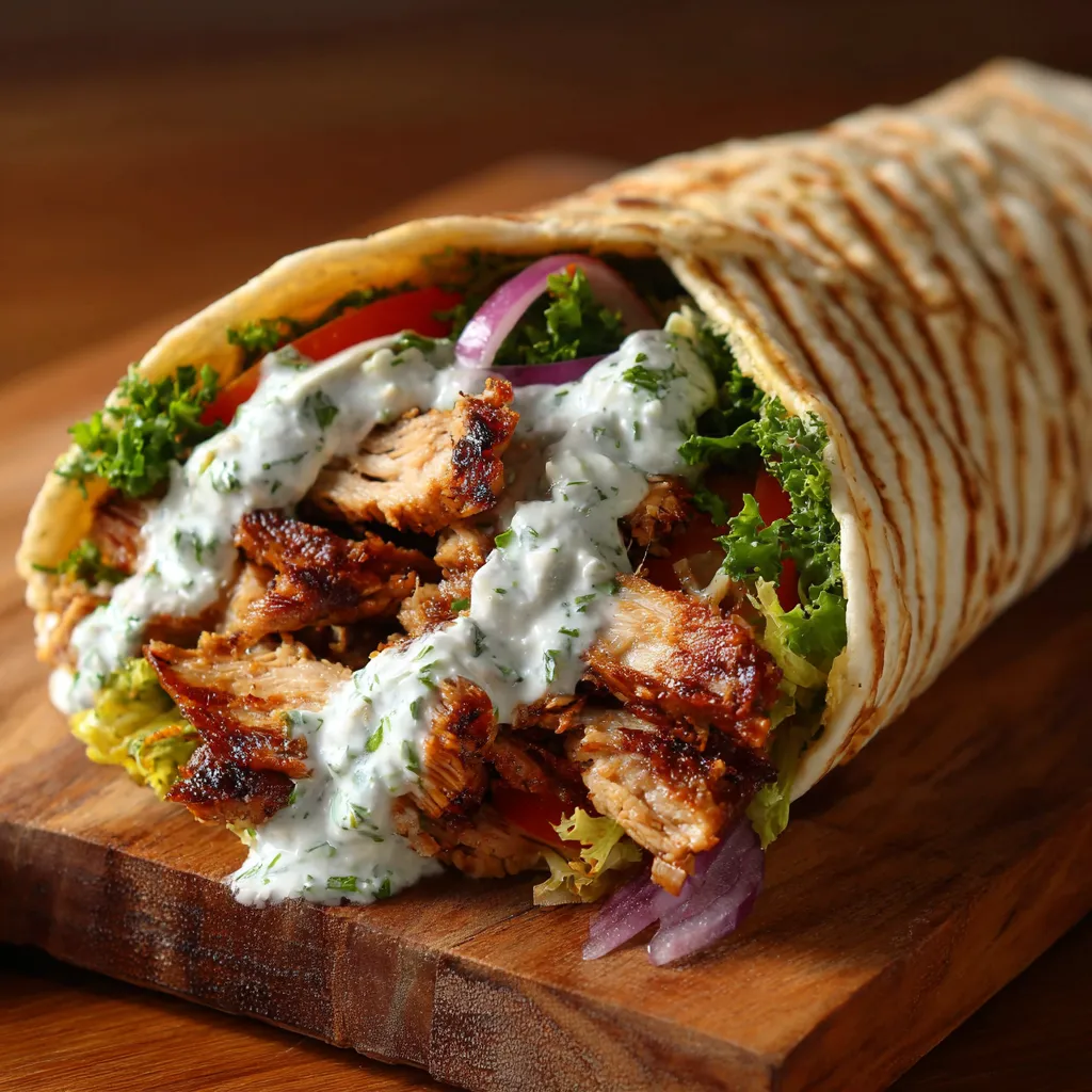 A chicken shawarma wrap with garlic sauce.
