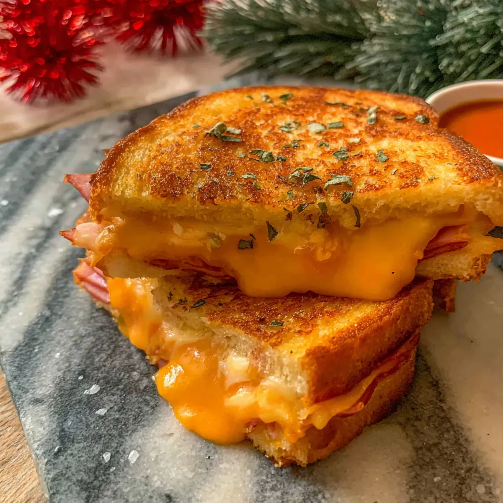 A grilled cheese sandwich with ham and pineapple.