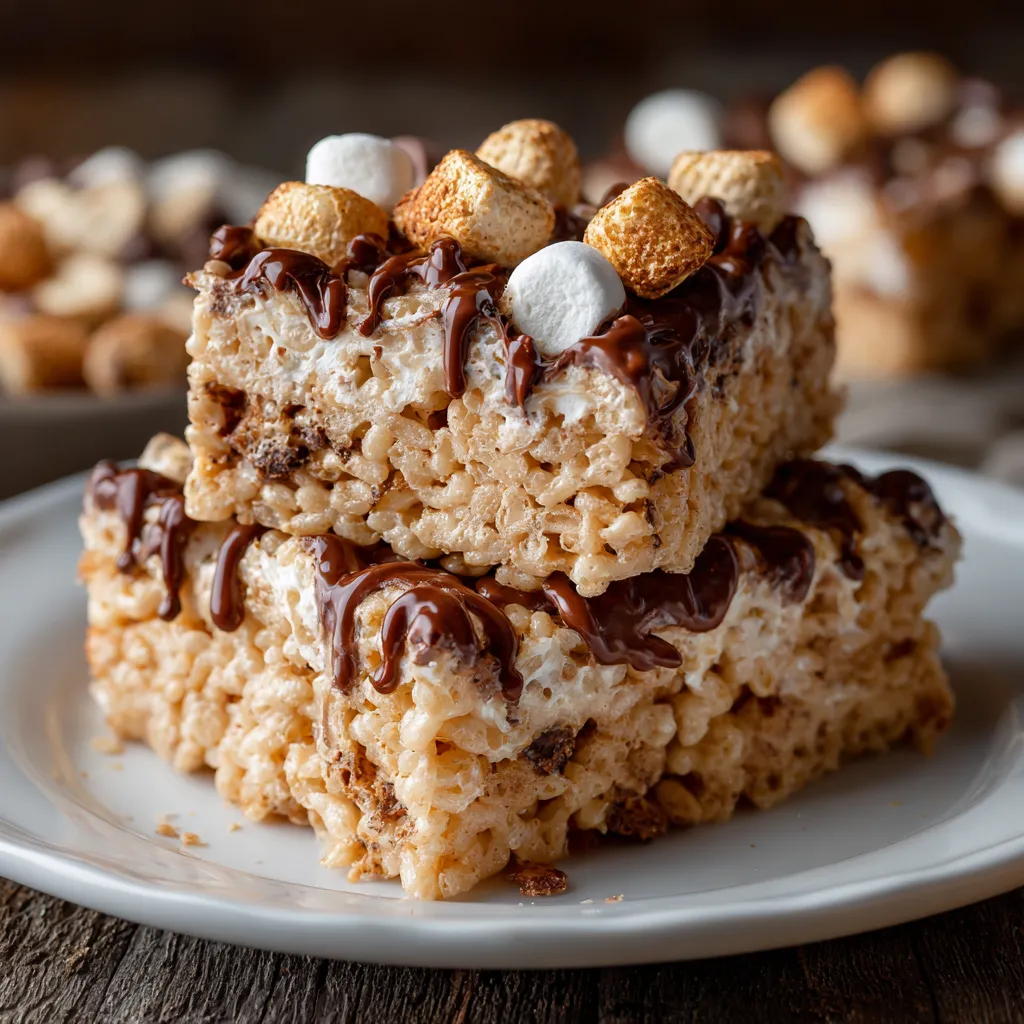 A plate of rice krispies with chocolate drizzled on top.