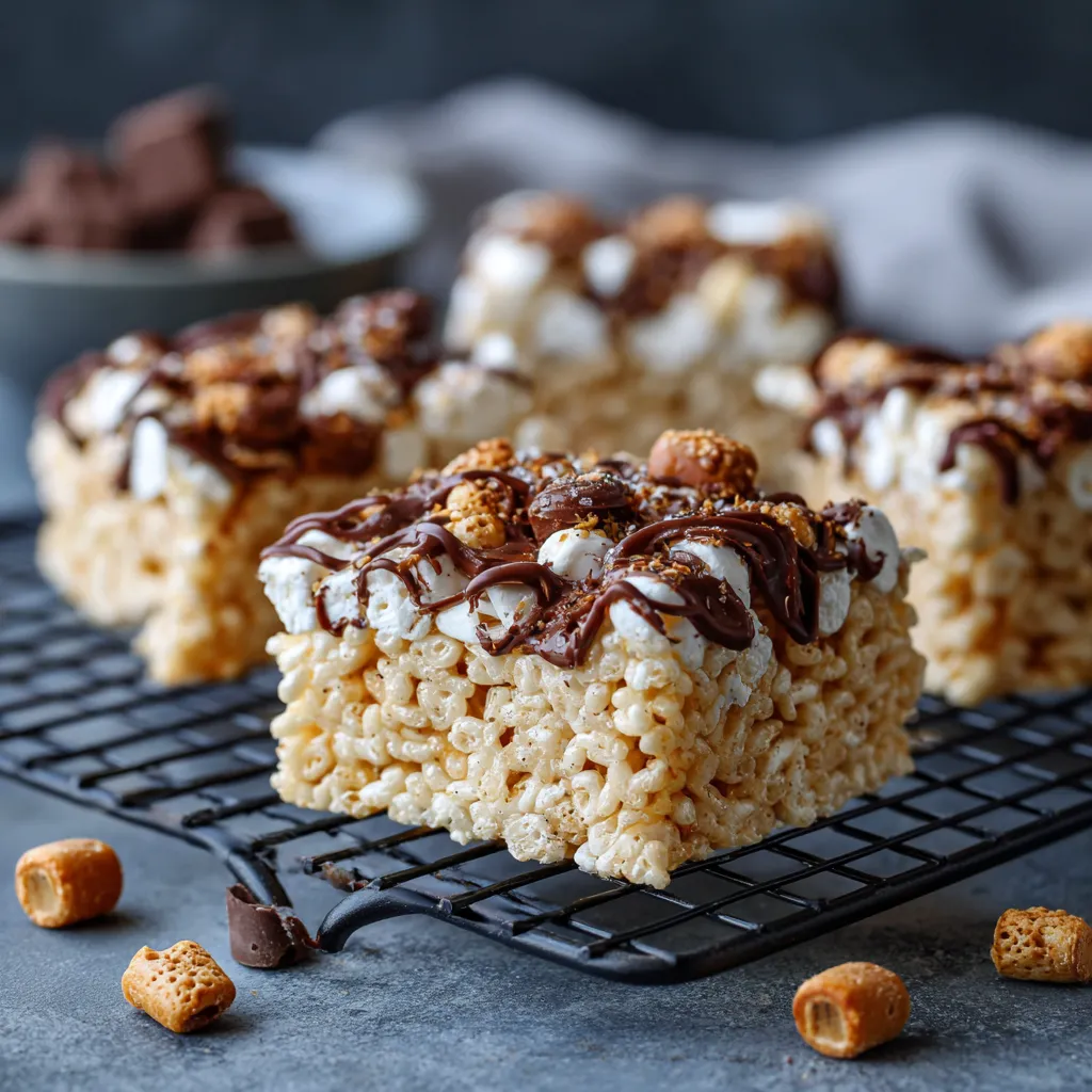 A plate of rice krispies with chocolate drizzled on top.