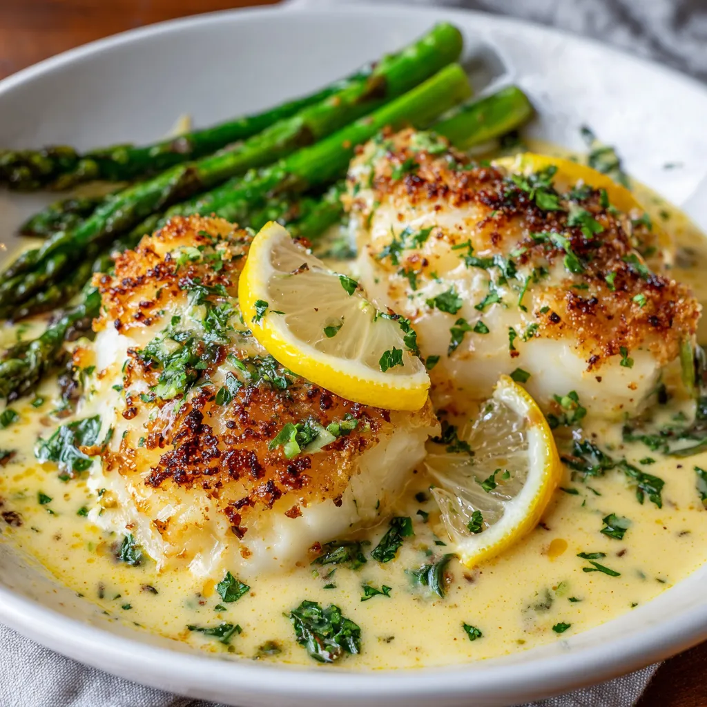 A plate of baked cod with lemon and coconut cream sauce.