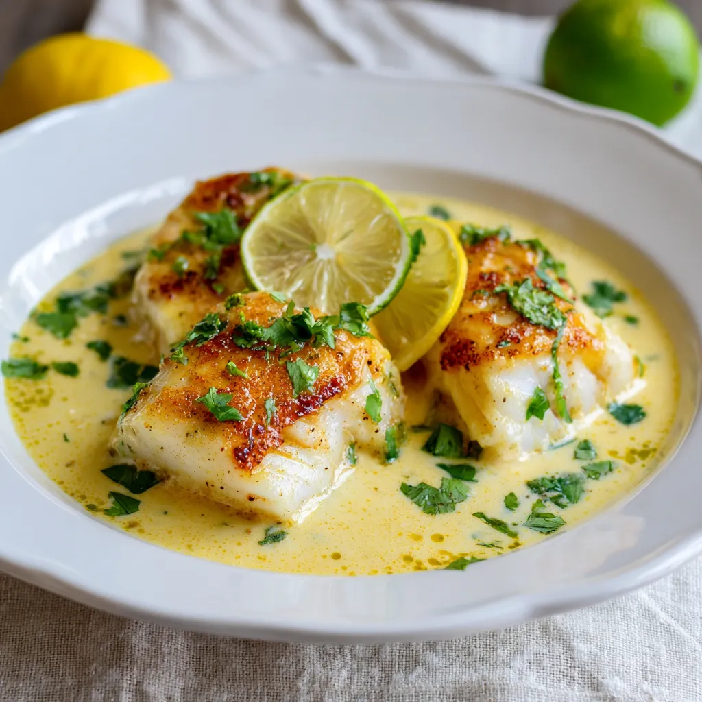 A plate of baked cod in coconut lemon cream sauce.