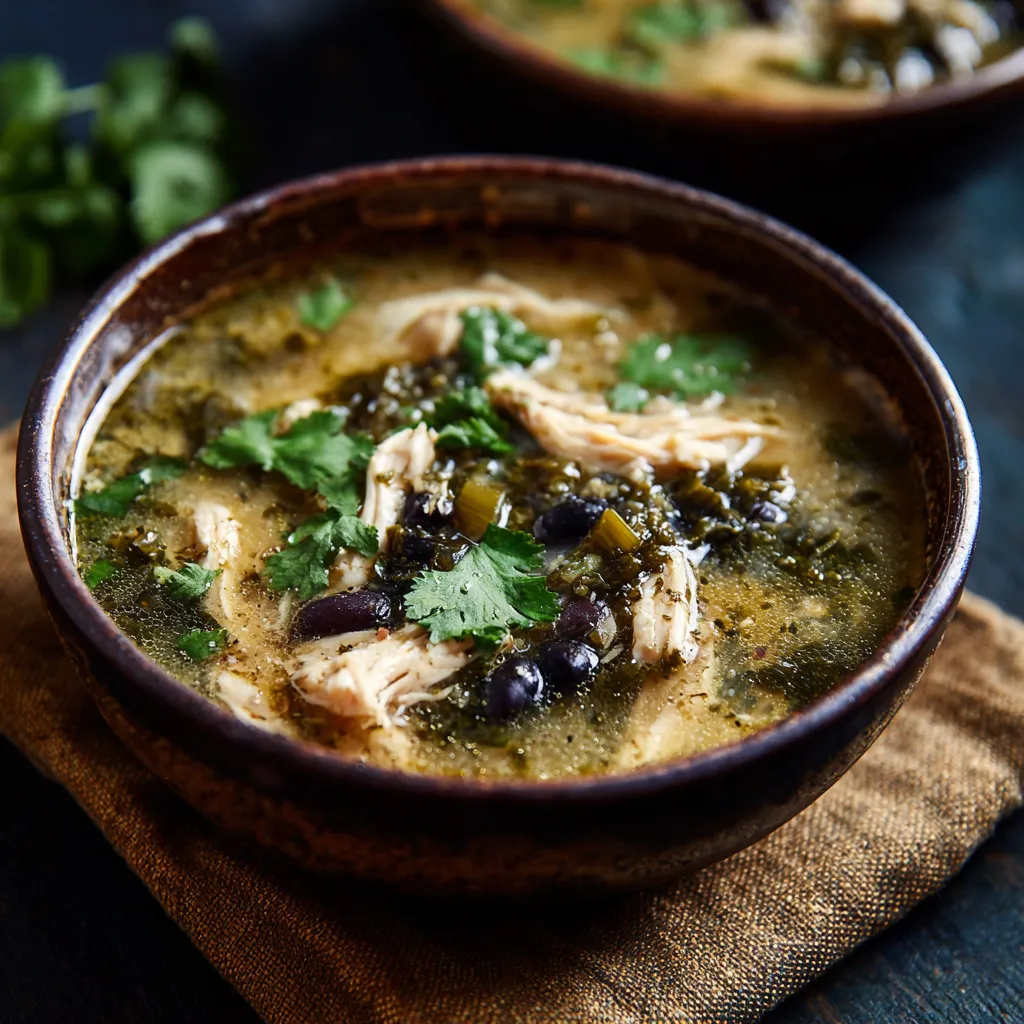 A bowl of soup with chicken, black beans, and green peppers.