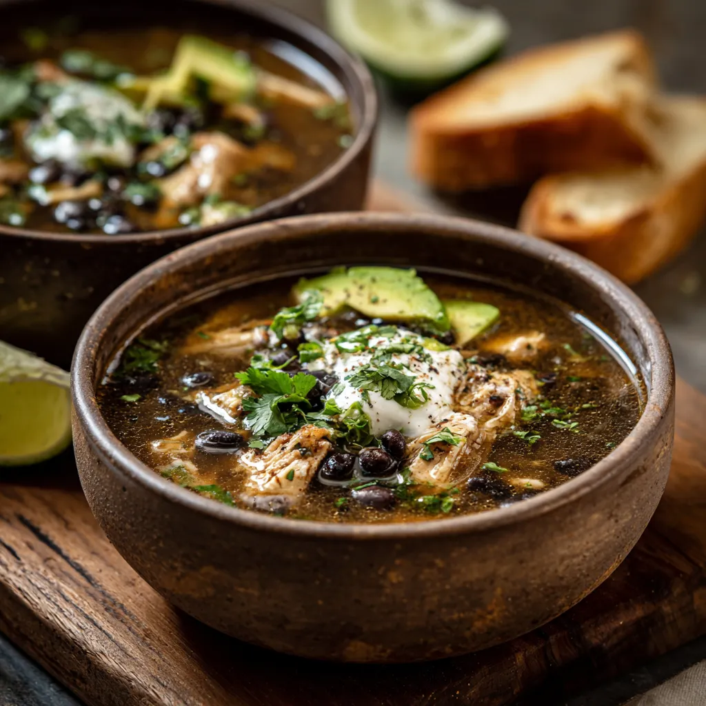 Two bowls of soup with avocado and lime.