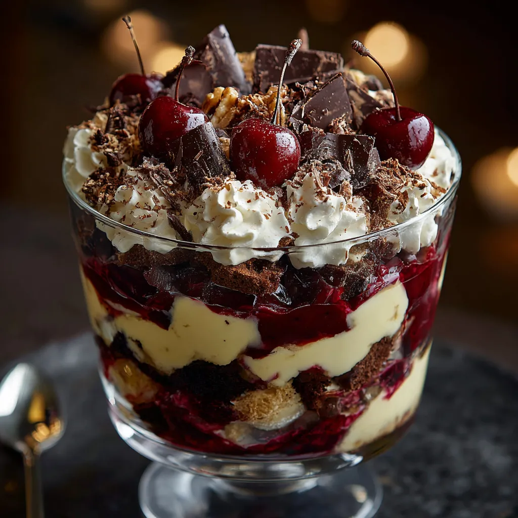 A glass bowl filled with a dessert called Black Forest Trifle.