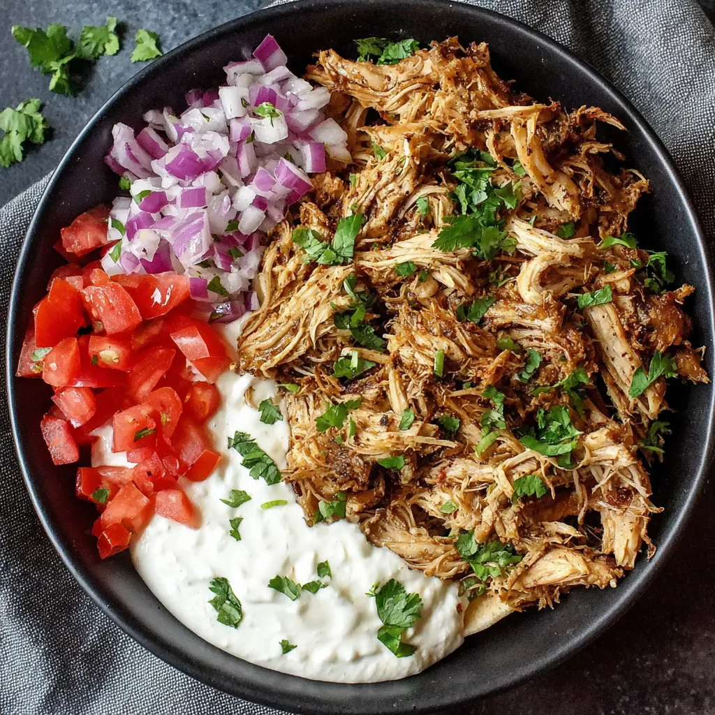 A bowl of slow cooker chicken shawarma.