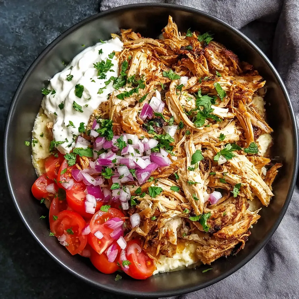 A bowl of shawarma with tomatoes and onions.