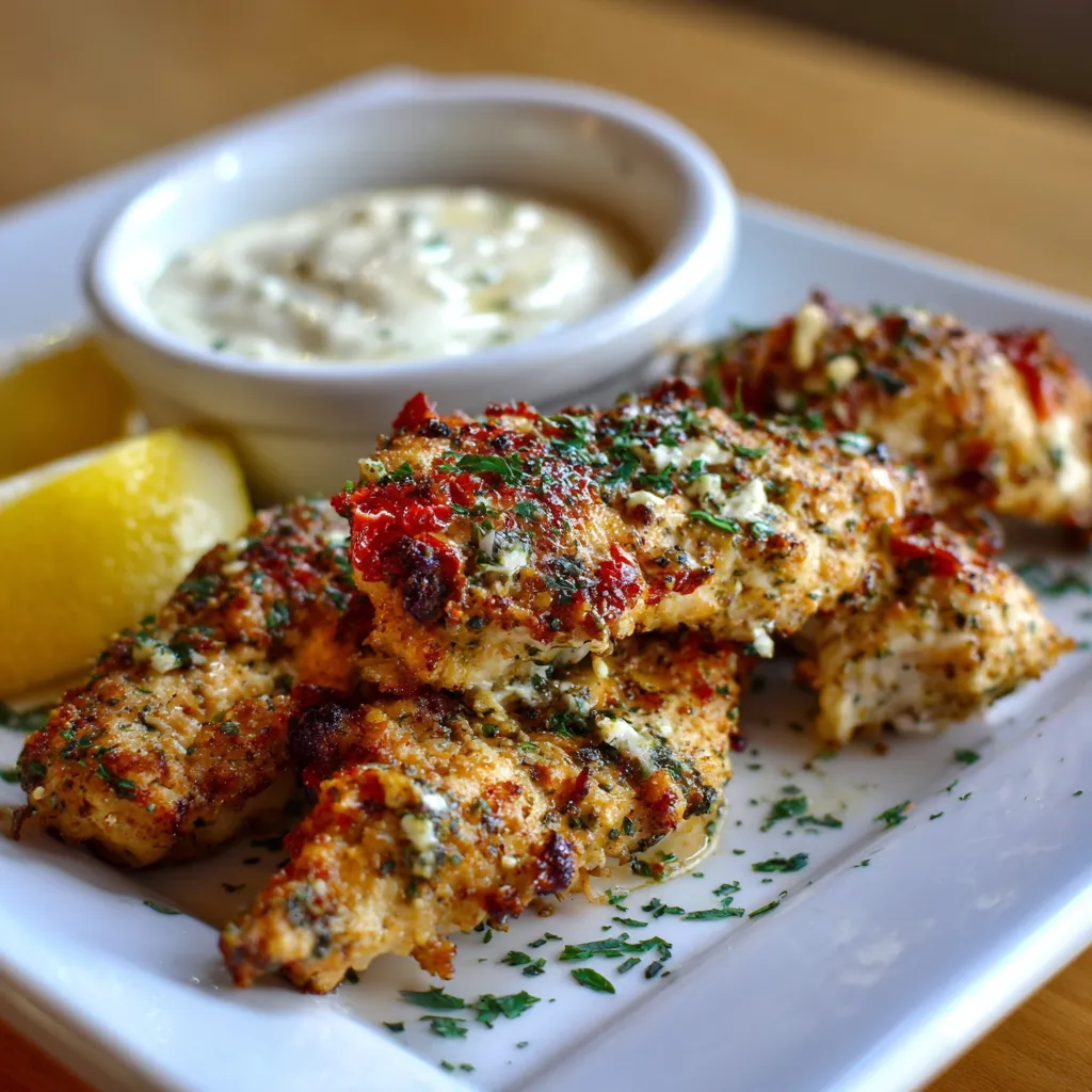 A plate of Greek chicken tenders with a dipping sauce.