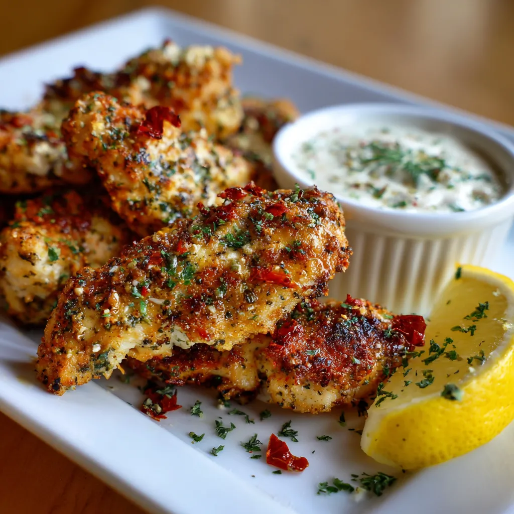 A plate of Greek chicken tenders with a side of lemon sauce.