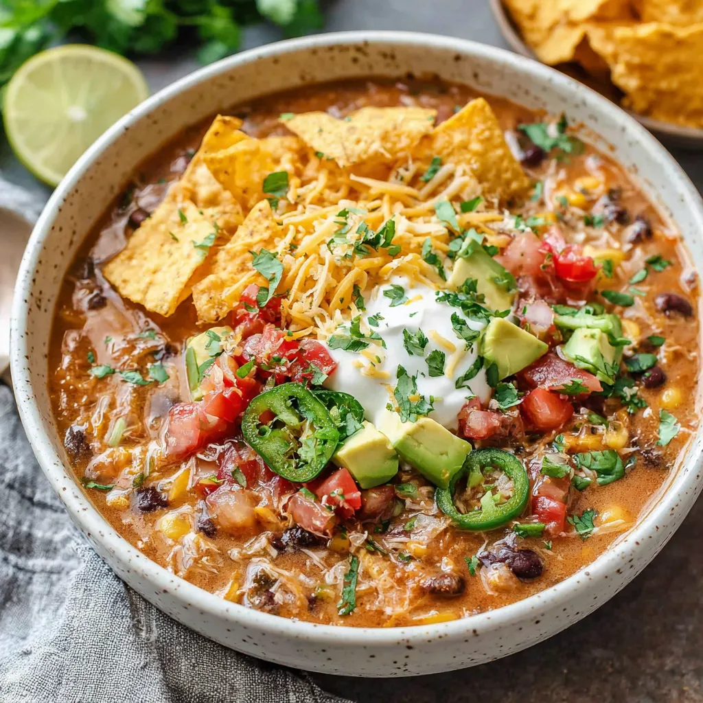 A bowl of vegetarian tortilla soup with chips on the side.