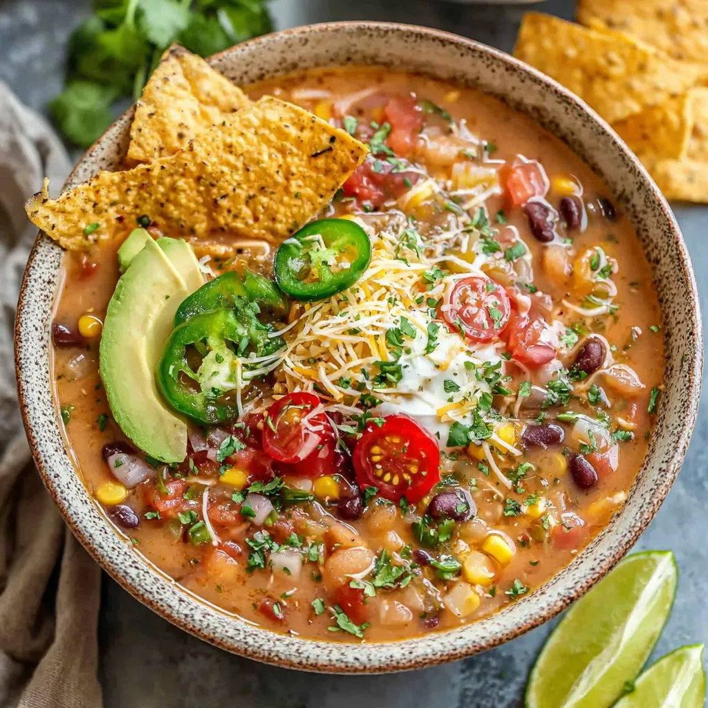 A bowl of soup with chips and vegetables.