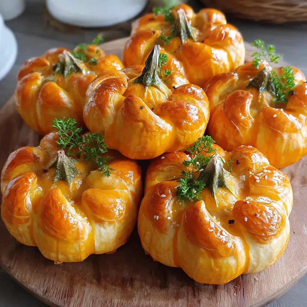 A stack of crescent pumpkins with herbs on top.