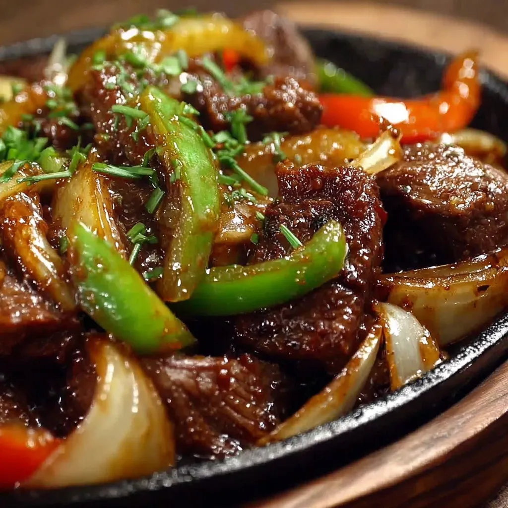 Sizzling Chinese Pepper Steak with Onions.