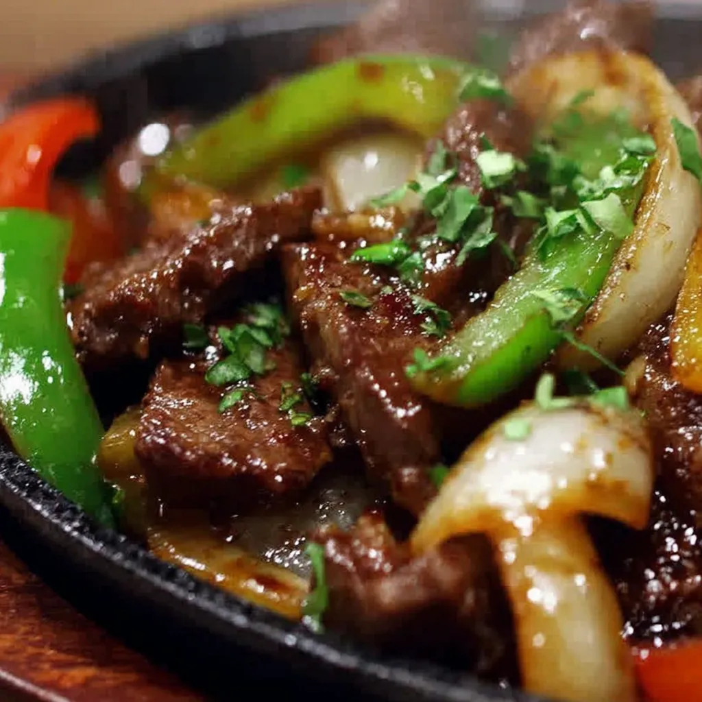 Sizzling Chinese Pepper Steak with Onions.