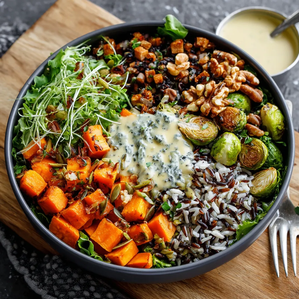 A bowl of food with rice, vegetables, and a sauce.