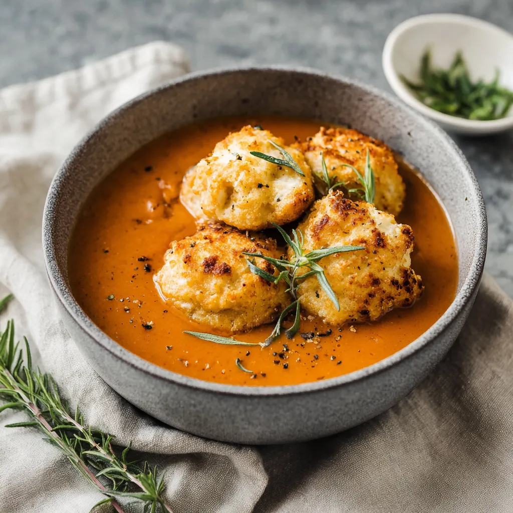 A bowl of tomato soup with cheddar bay dumplings.