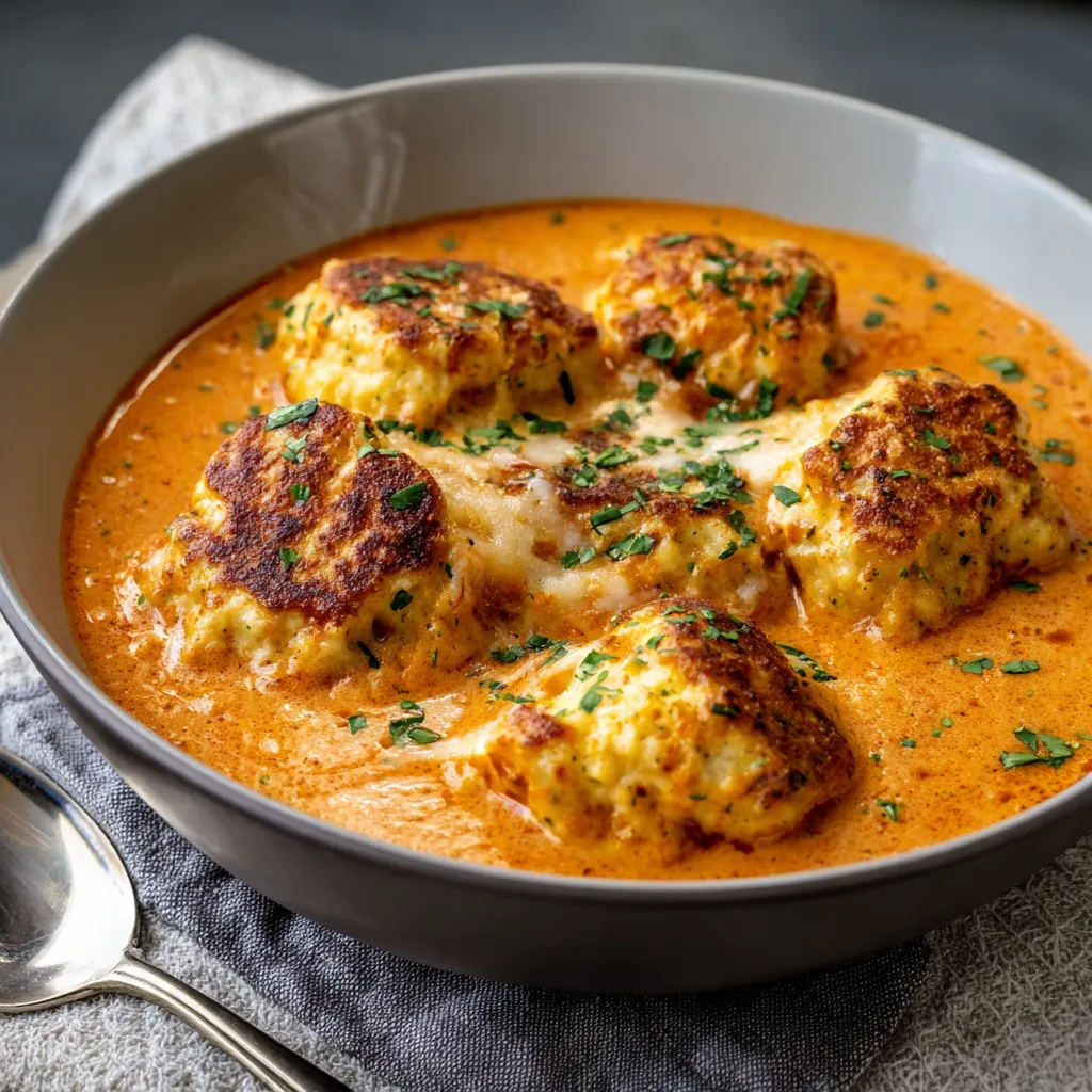 A bowl of tomato soup with cheddar bay dumplings.