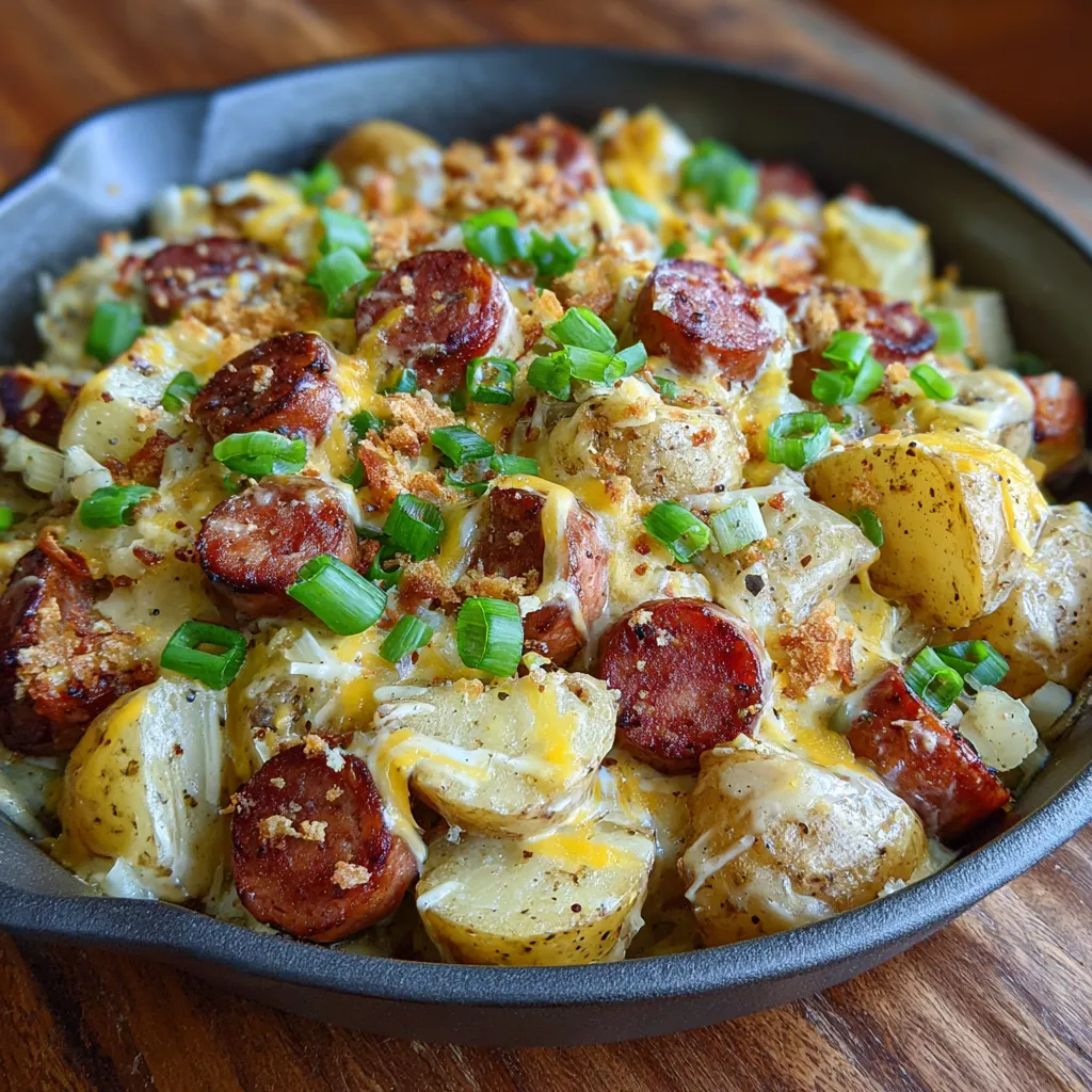 A dish of cheesy ranch potatoes and smoked sausage.
