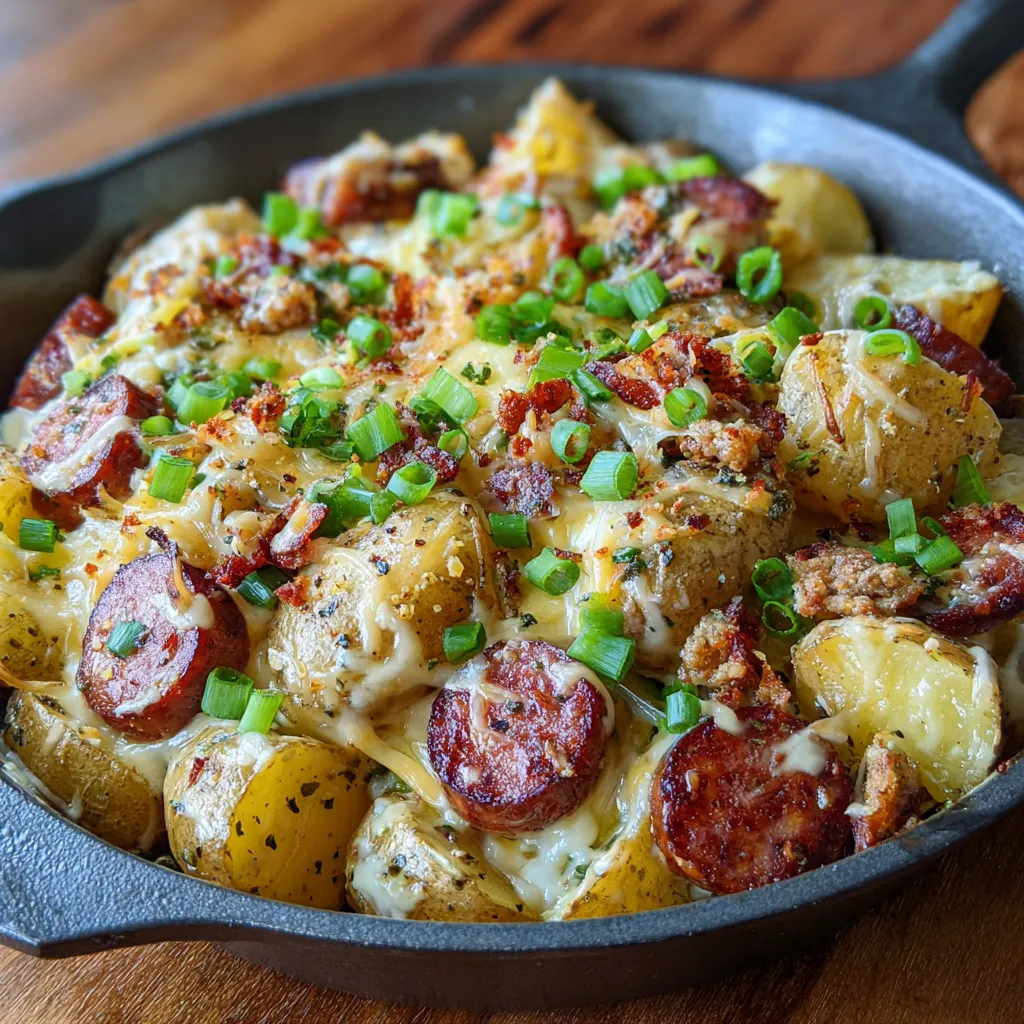 A delicious meal of cheesy ranch potatoes and smoked sausage.