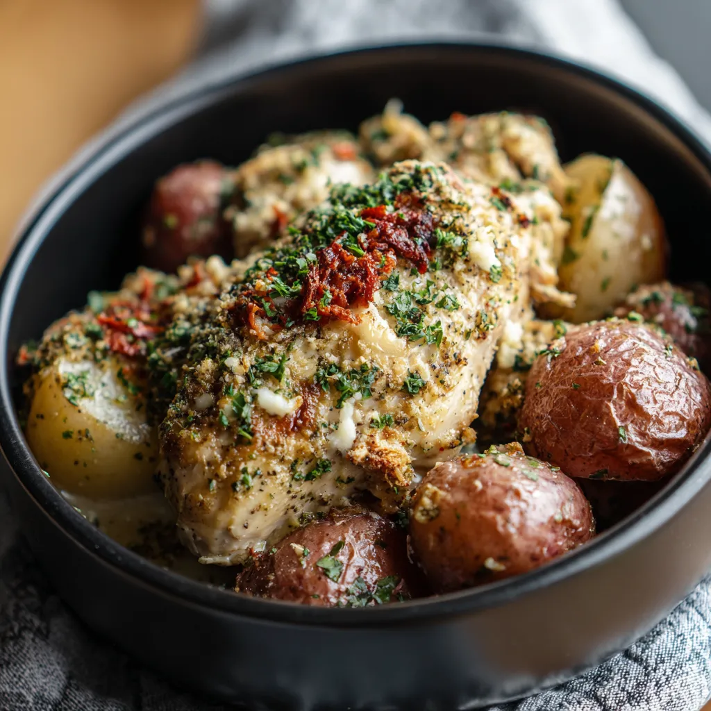 A bowl of food with chicken, potatoes, and herbs.