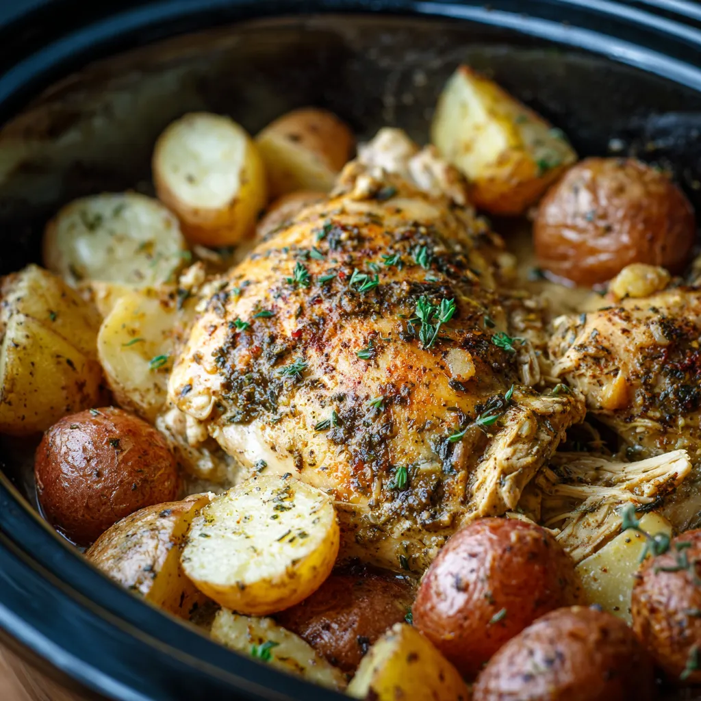 A pot of chicken and potatoes with herbs on top.