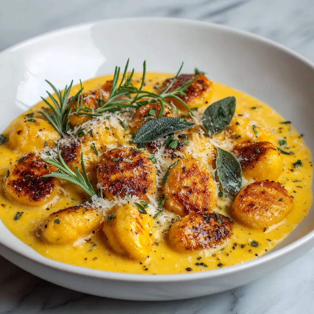 A bowl of creamy butternut squash gnocchi.