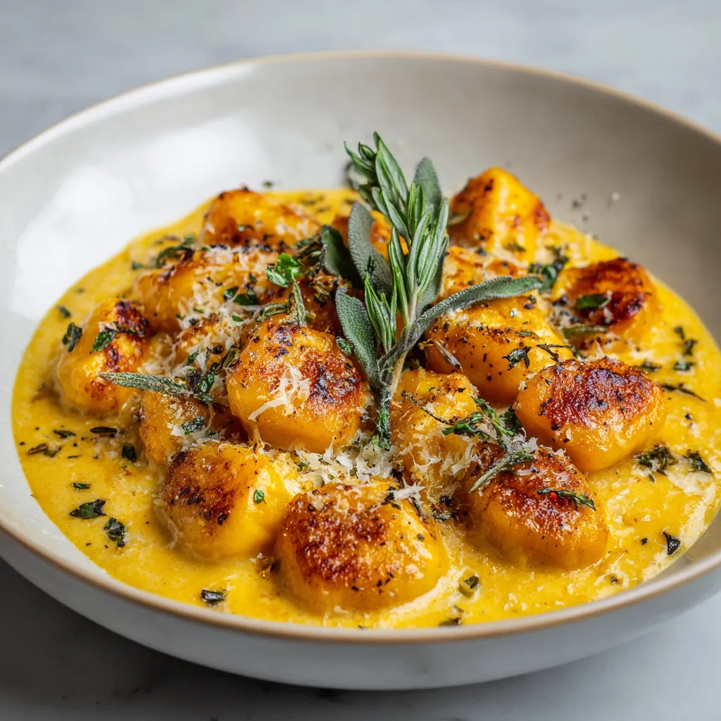A bowl of creamy butternut squash gnocchi.