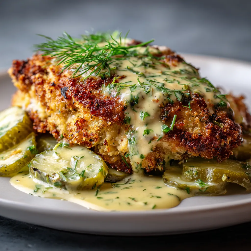A plate of Crispy Dill Pickle Parmesan Chicken.
