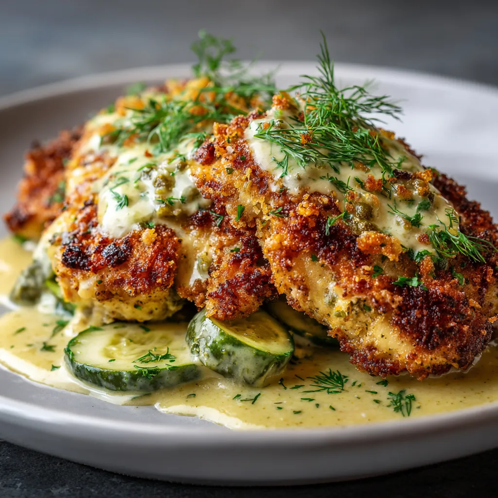 A plate of Crispy Dill Pickle Parmesan Chicken.