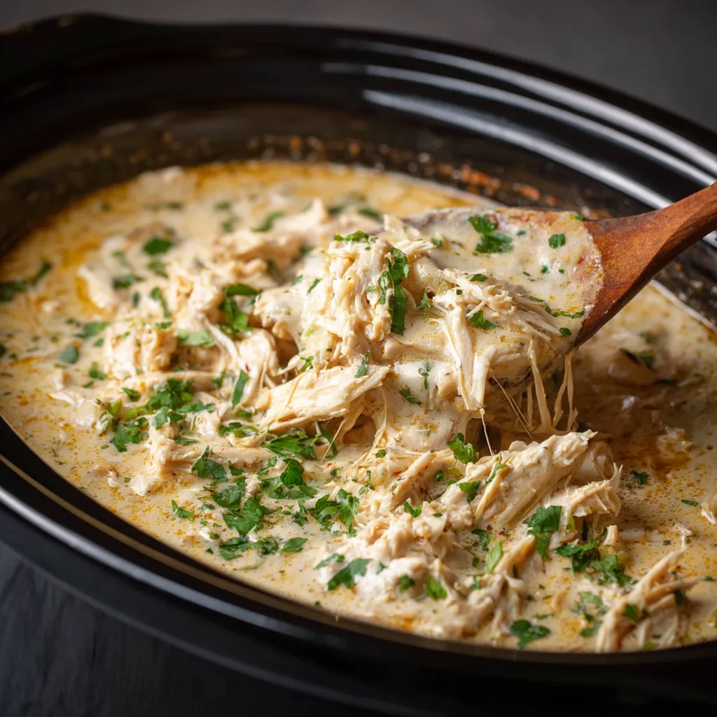 A wooden spoon is in a bowl of creamy crock pot ranch chicken.