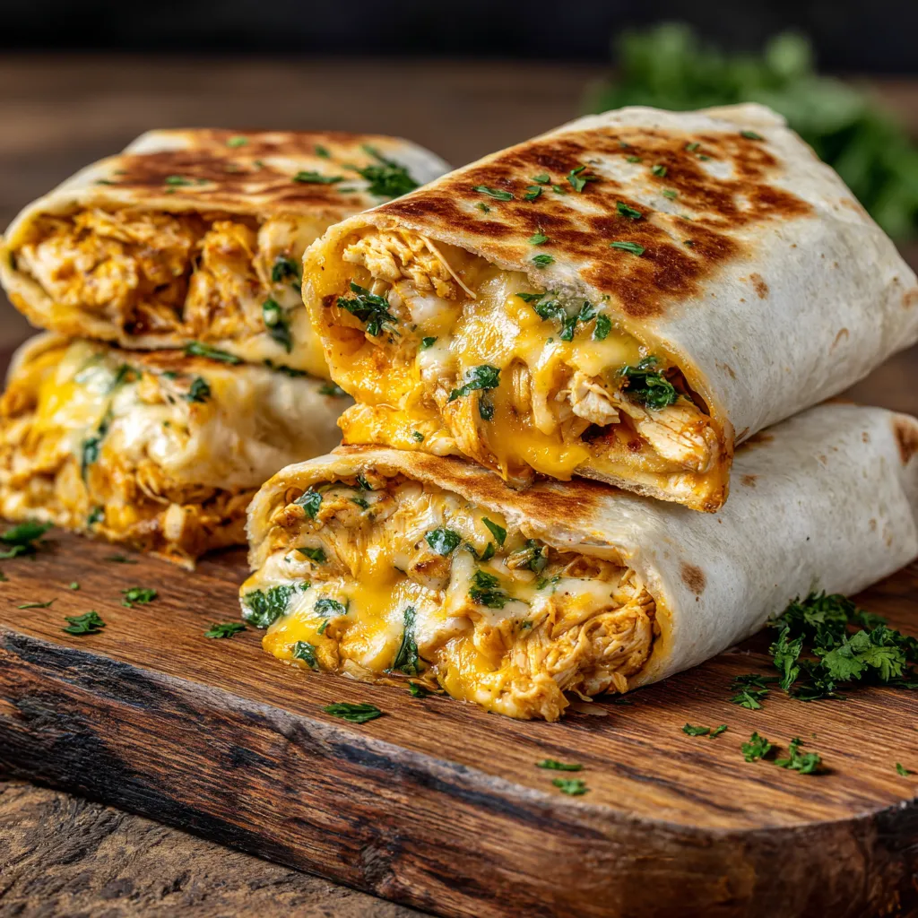 A close up of a delicious ooey-gooey cheesy garlic chicken wrap.