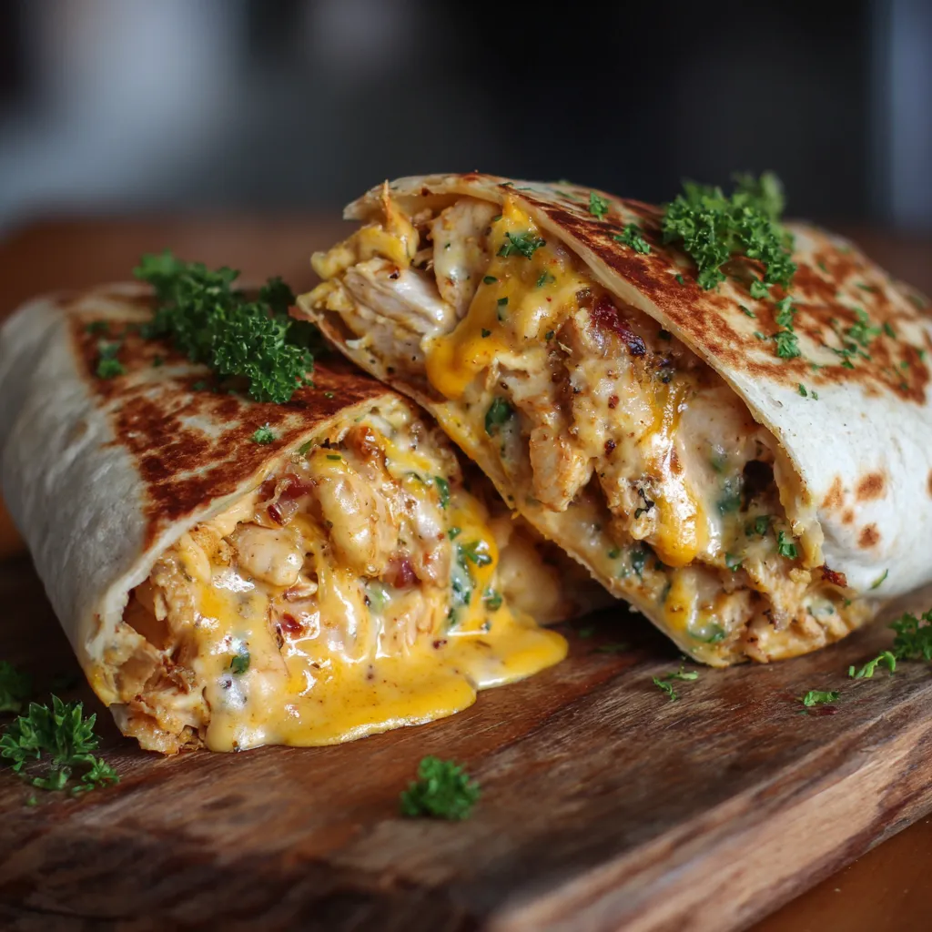 A delicious cheesy garlic chicken wrap.