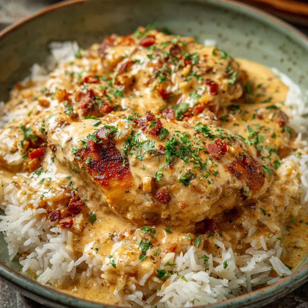 A bowl of creamy smothered chicken and rice.