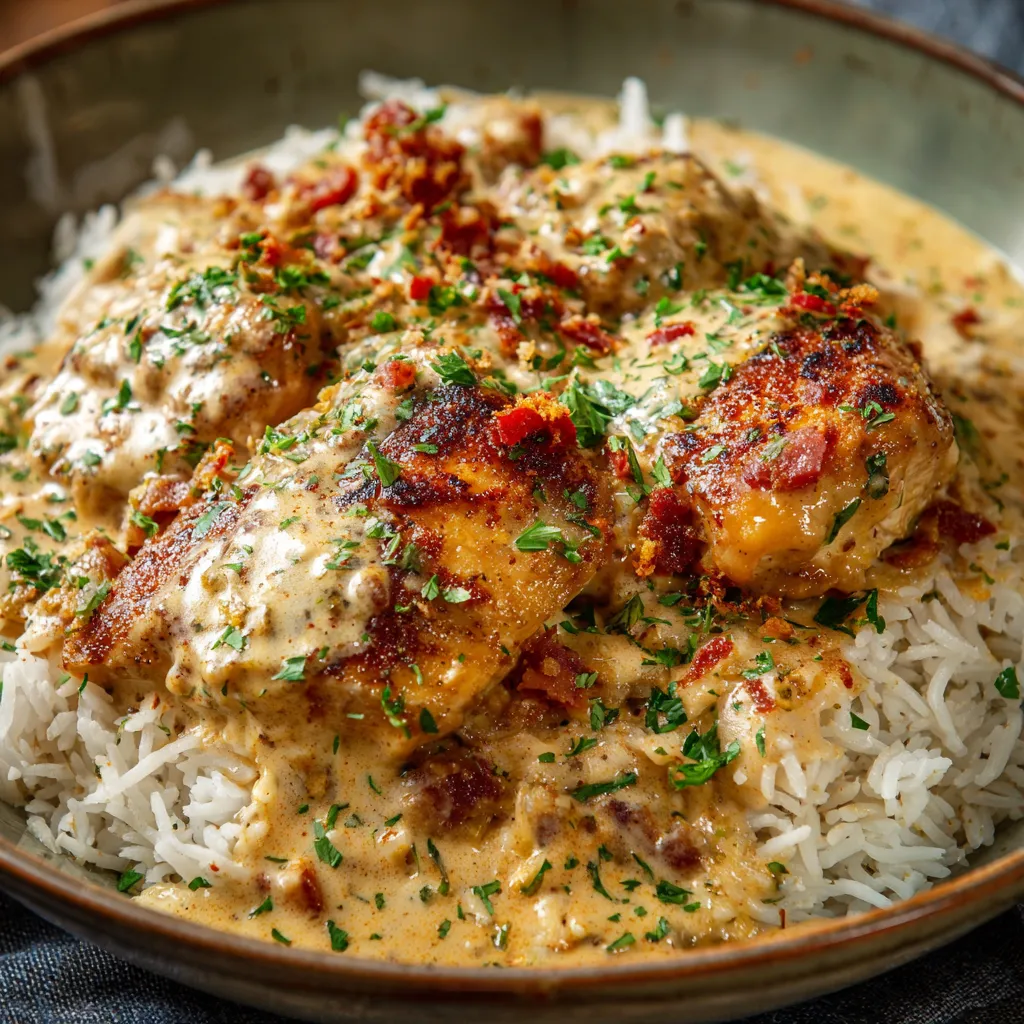 A bowl of creamy smothered chicken and rice.