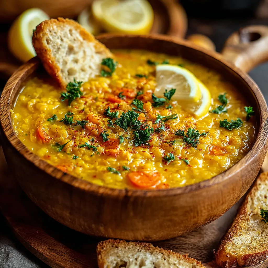 A bowl of lemon lentil soup with a slice of lemon on top.