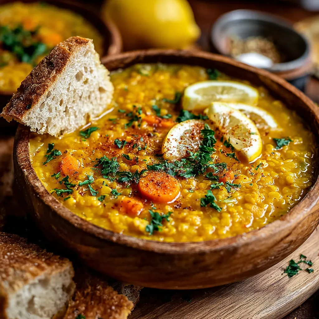 A bowl of lemon lentil soup with a slice of lemon on top.