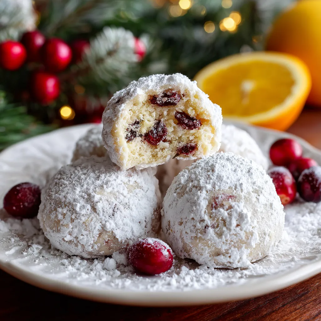 A plate of cranberry orange snowball cookies.