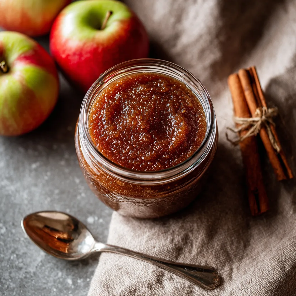 A jar of apple butter with a spoon in it.