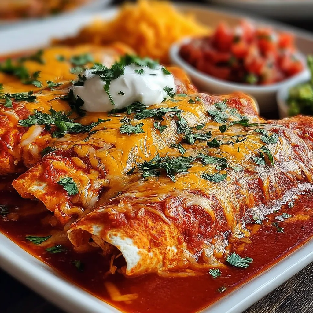 A plate of chicken enchiladas with sour cream and guacamole.