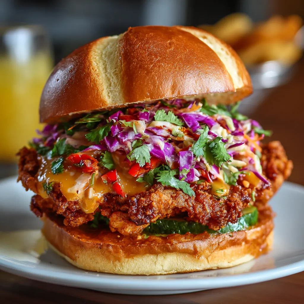A Thai Fried Chicken Sandwich with a variety of vegetables and sauces.