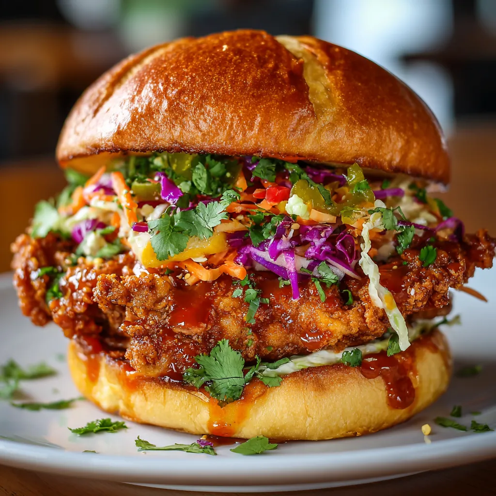 A Thai Fried Chicken Sandwich with vegetables and sauce.