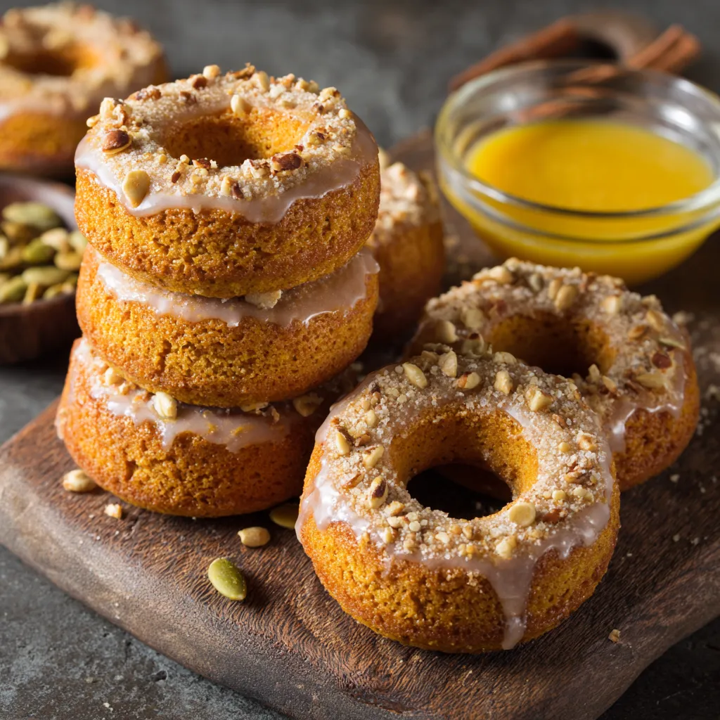 Three baked pumpkin donuts with frosting and nuts.