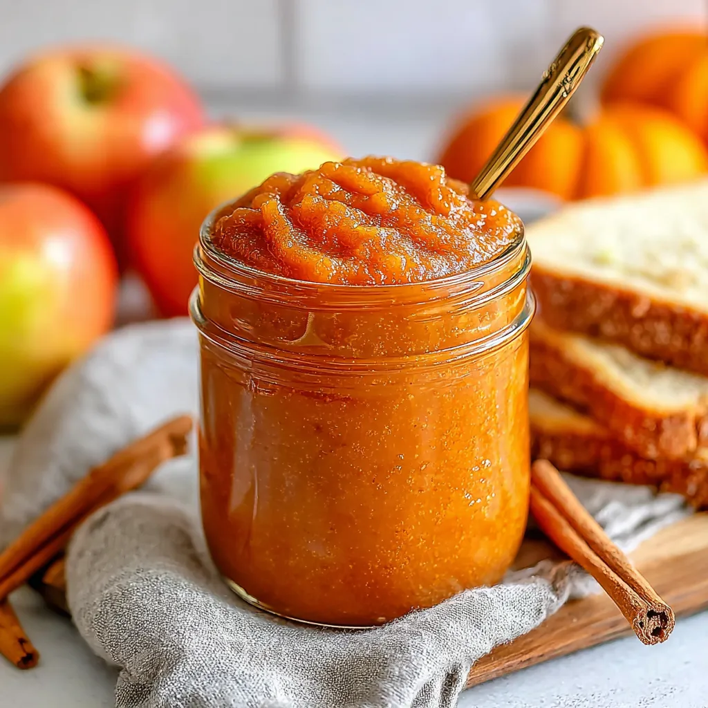 A jar of apple butter on a table.