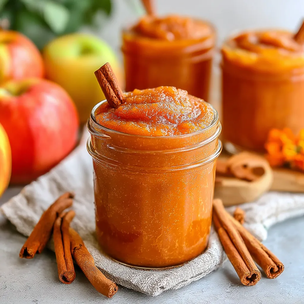A jar of apple butter with cinnamon sticks in it.