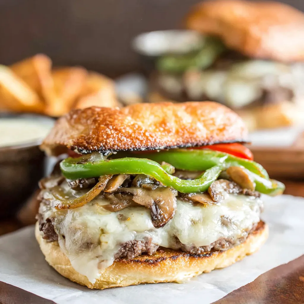 A cheese steak burger with mushrooms and peppers.