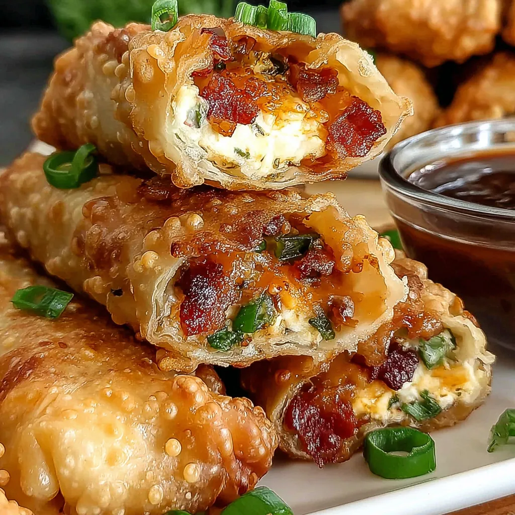 Bacon jalapeno popper egg rolls on a plate.