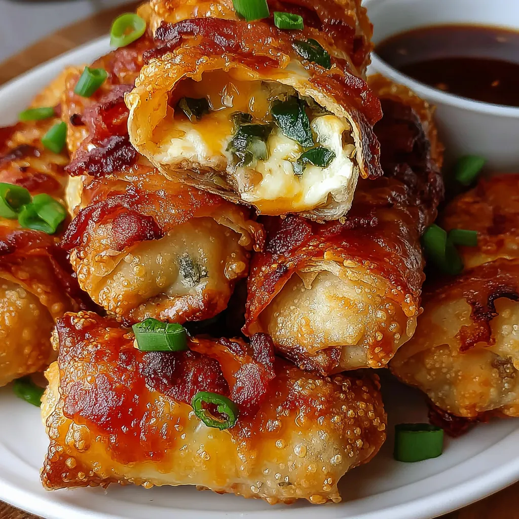 Bacon jalapeno popper egg rolls on a plate.